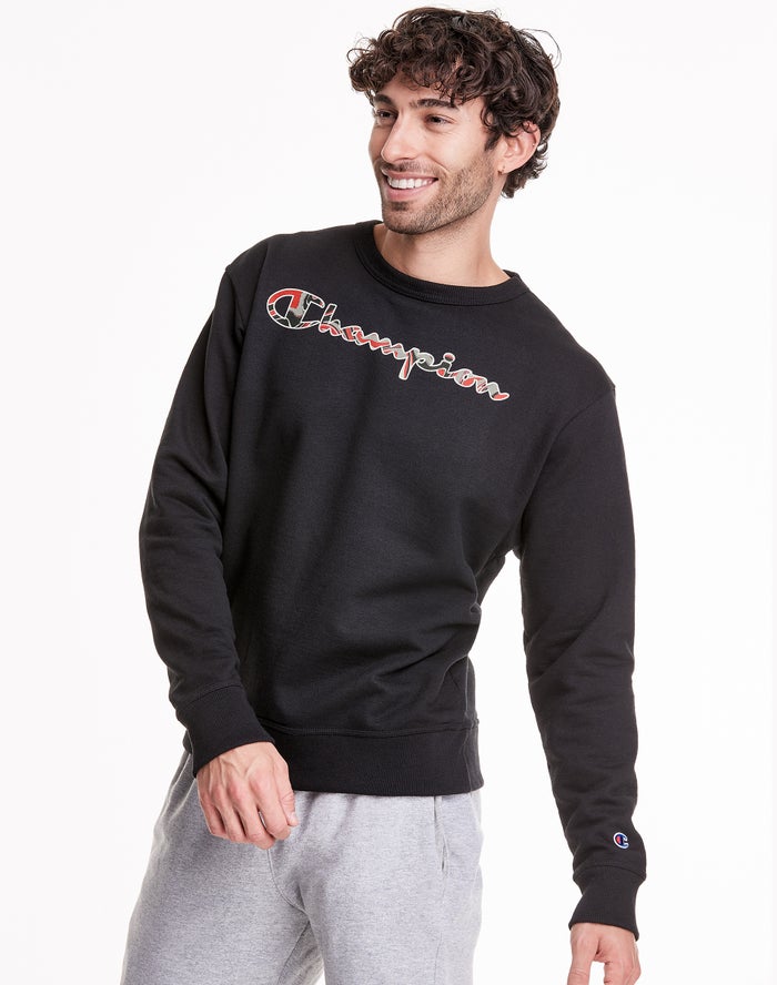 Champion Mens Sweatshirt NZ - Powerblend Fleece Crew Liquid Filled Script logo Black ( 0319-DXYQN )